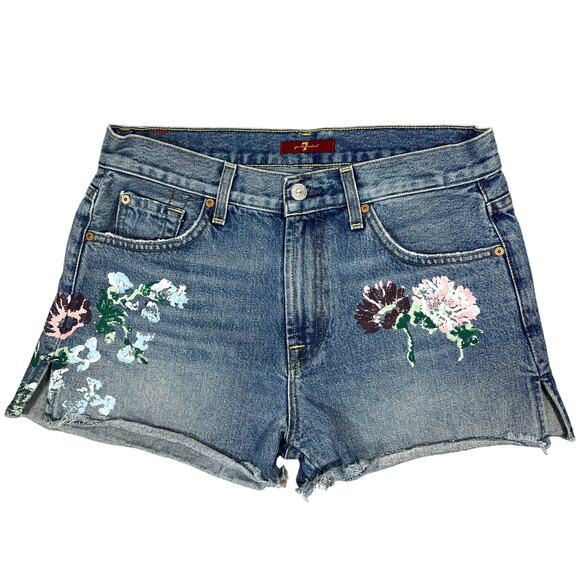 7 For All Mankind Hand-Painted Floral Jean Shorts Women's 27" Grunge Denim USA - Picture 1 of 16